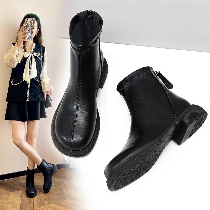 Fashion Round Toe Mid Heel Short Boots for Women Shoes Autumn/winter with/Without Plush Rear Zipper Soft Sole Slim Boot Zapatos Mujer