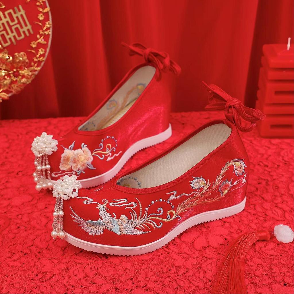 Xiuhua Women's Pearl Tassel High Heels - Ancient Style Pointed Toe Wedding Shoes for Bride, Hanfu Toasting Shoes