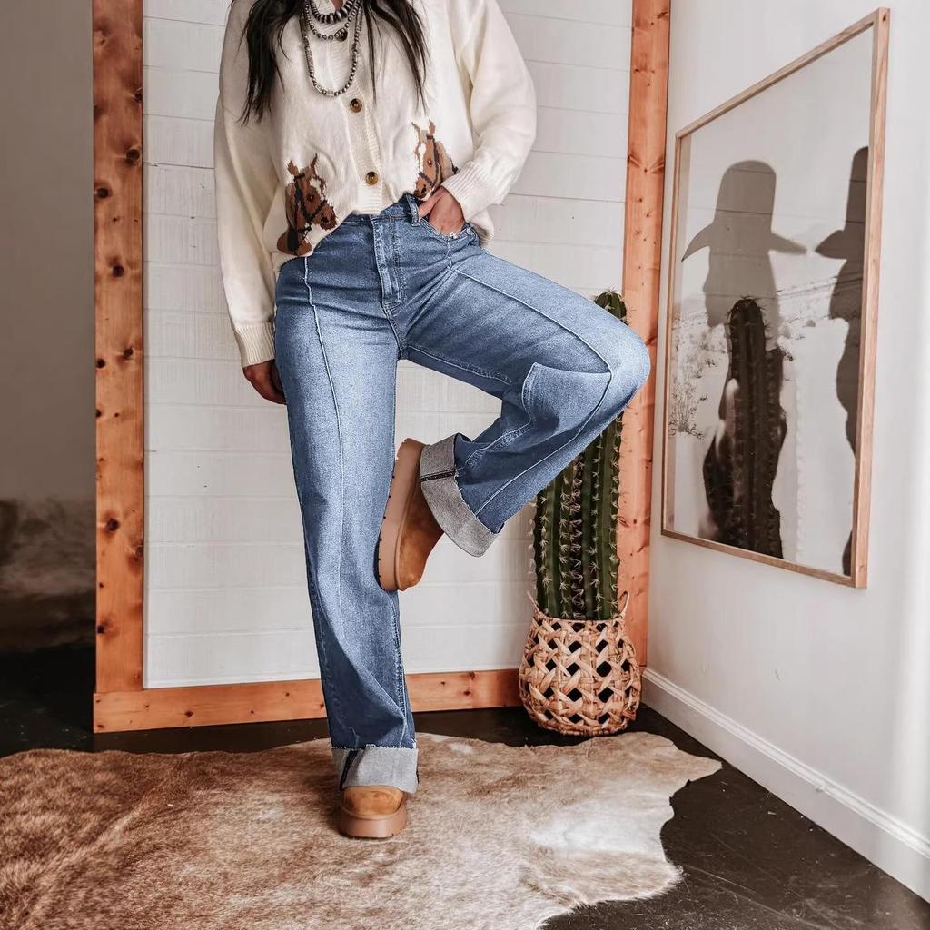 2026 Spring Women's High-Waisted Retro Wide-Leg Jeans with Center Seam Cuffs