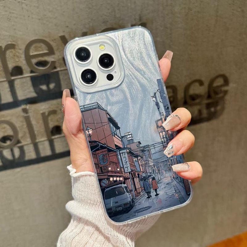 Cartoon Mountain Print Glitter Phone Case For iPhone 16 15 Pro Max 14 Pro 13 12 11 Clear Shockproof Hybrid TPU PC Glossy Slim Cover