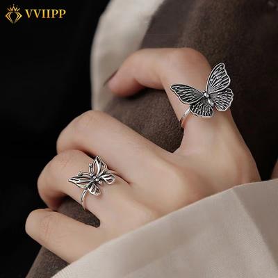 2Pcs/set Vintage Cutout Butterfly Ring for Women Korean Silver Ring Set Accessories Jewelry