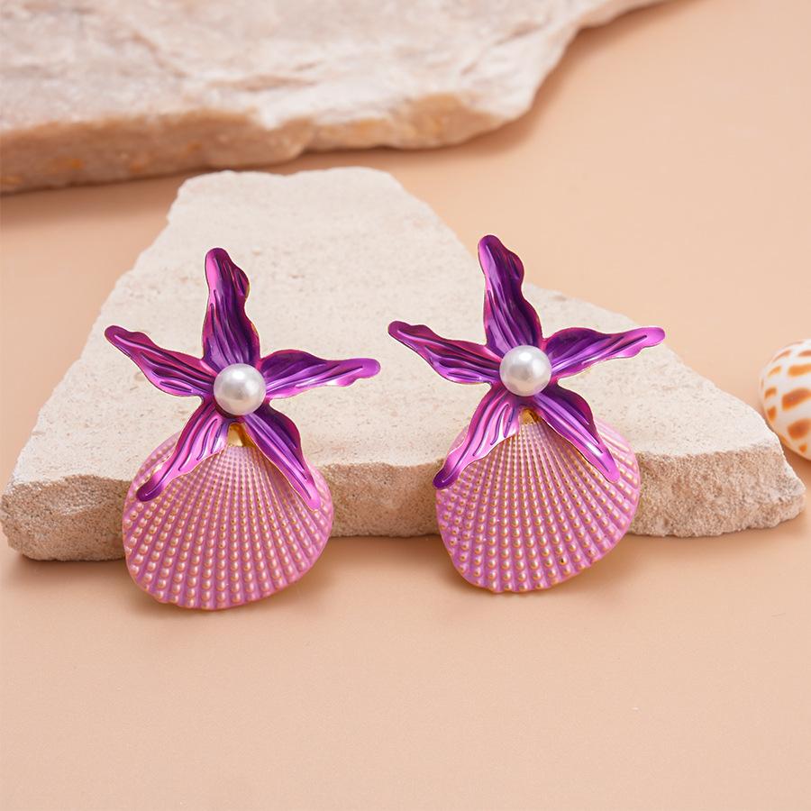 

Scallop Starfish Stud Earrings Bohemian Exaggerated Shell Drop Earrings Alloy Pearl Pendant Starfish Pendant Earrings Women фіолетовий