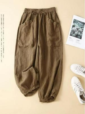 Women's Cotton Linen Harem Pants with Elastic Waist and Pockets