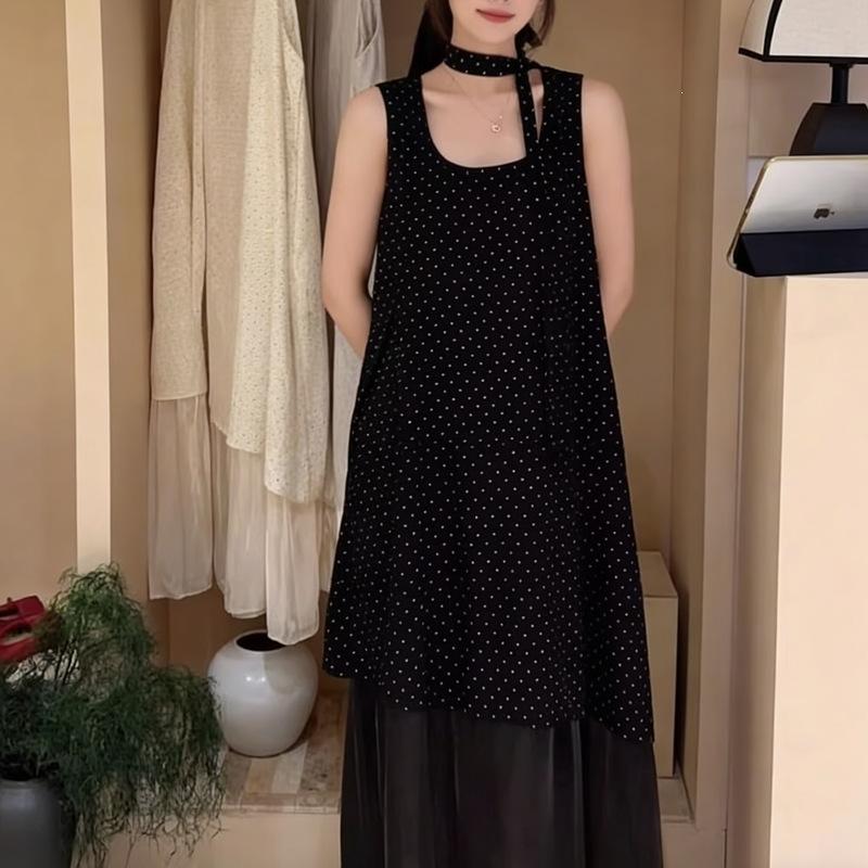 Black Polka Dot Beveled Coffee Break Dress Women's Summer French Design Sense Small Person Unique Super Good-looking Beautiful Dress