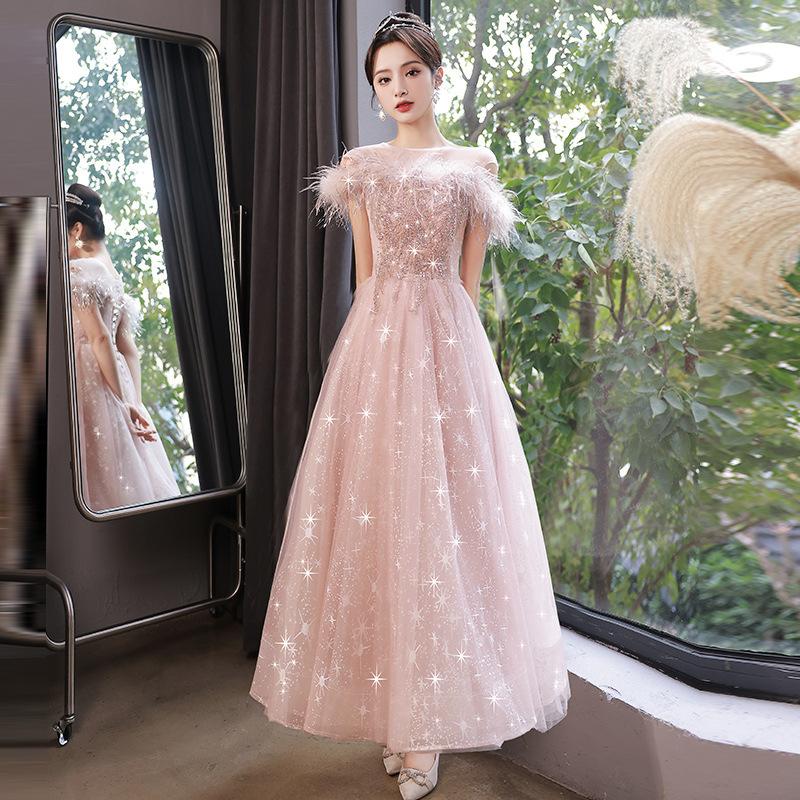 Evening dress female temperament celebrity light luxury niche style pink wedding dress art test host 18-year-old starry sky princess dress