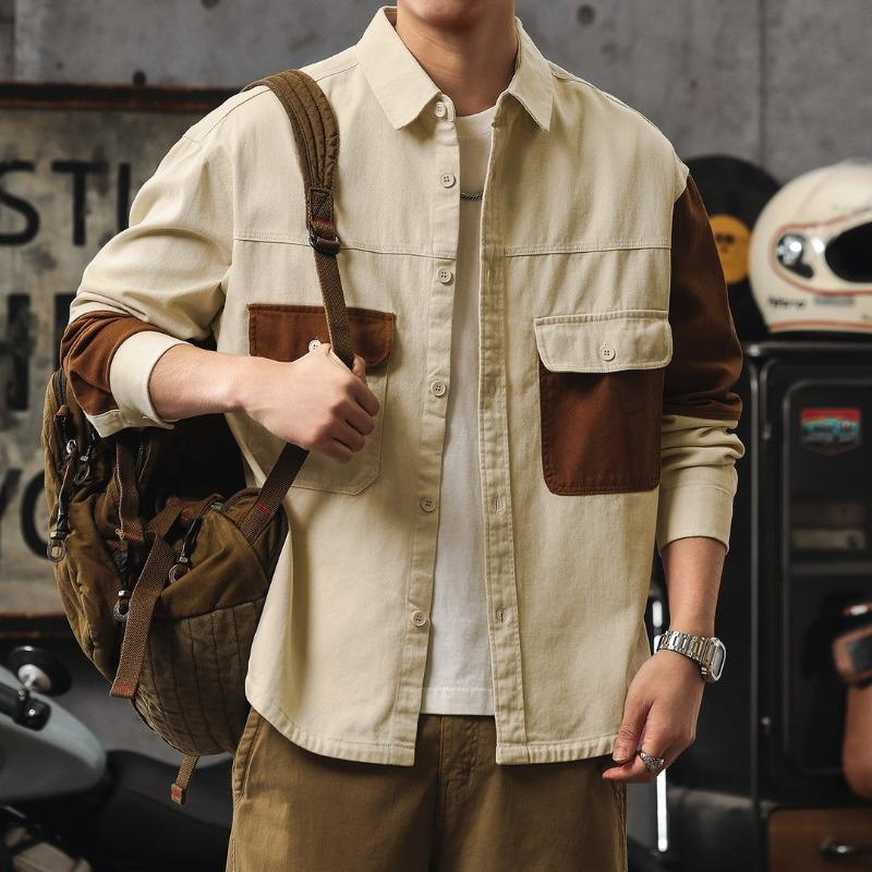 

Men s Contrast Panel Dual Pocket Long Sleeve Button Down Shirt Casual Workwear Streetwear Top S бежевий