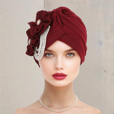 Damen Kopftuch Hut Imitationsperlen Blumendekor Turbanhut Einfarbig