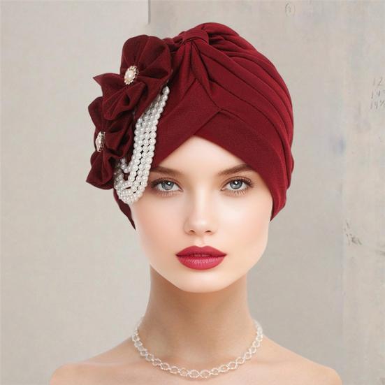 Women Headscarf Hat Imitation Pearls Flower Decor Turban Hat Solid Color Stretchable Fit Headband Sleep Hat