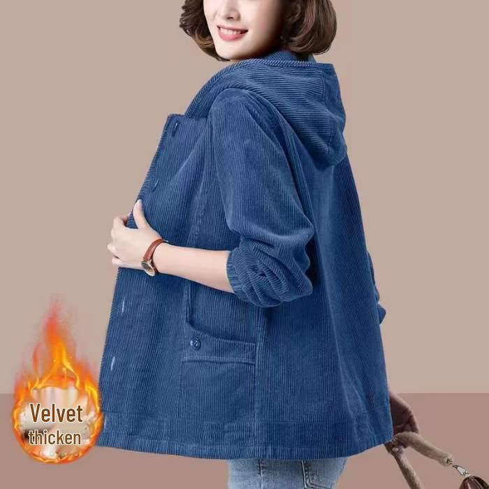 Women's Corduroy Jacket - Thick Velvet, Simple Loose Fit, Plus Size, Slimming Korean Style for Autumn and Winter.