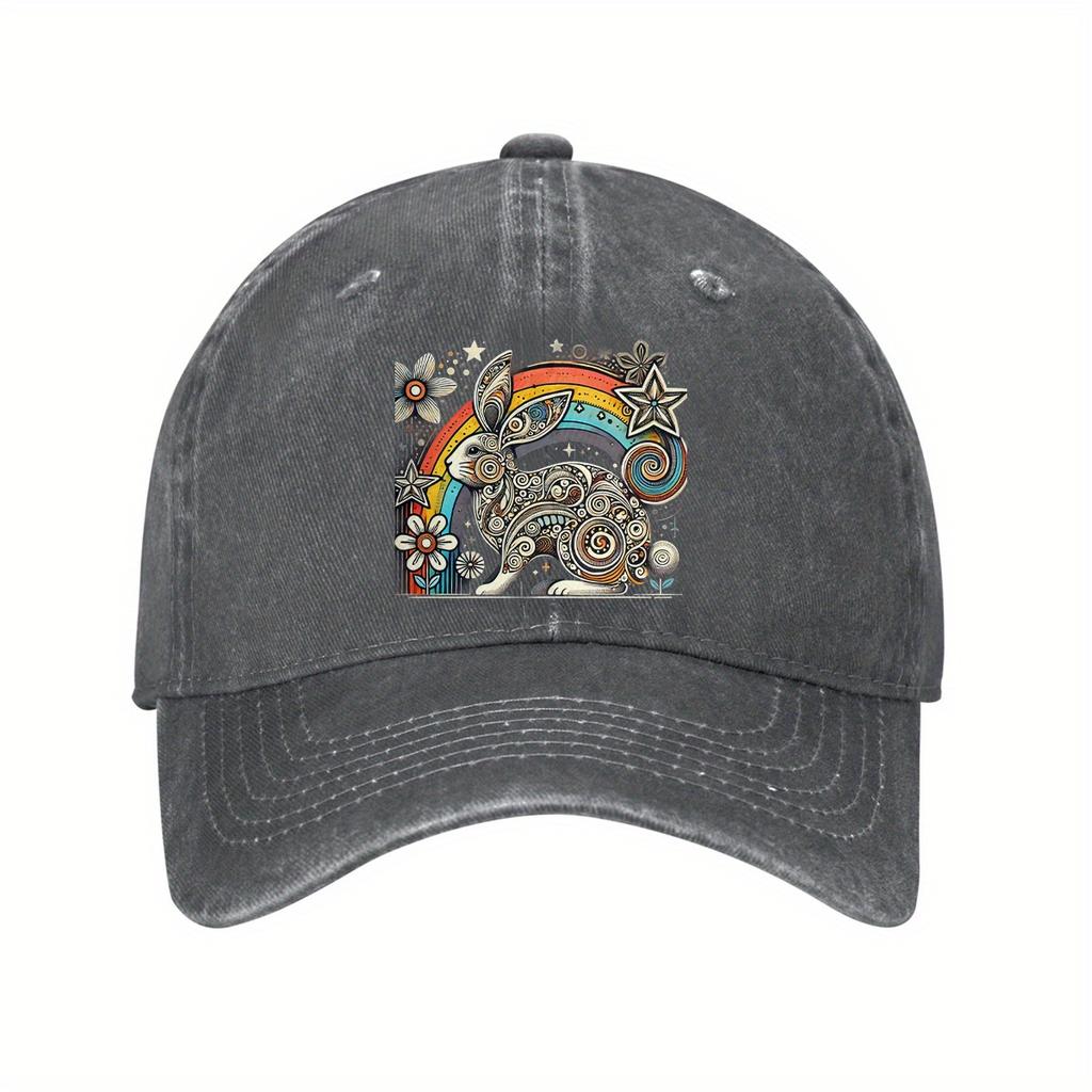 Bohemian Rainbow Bunny Baseball Cap Distressed Cotton Vintage Style Casual Adjustable Hat for Adults