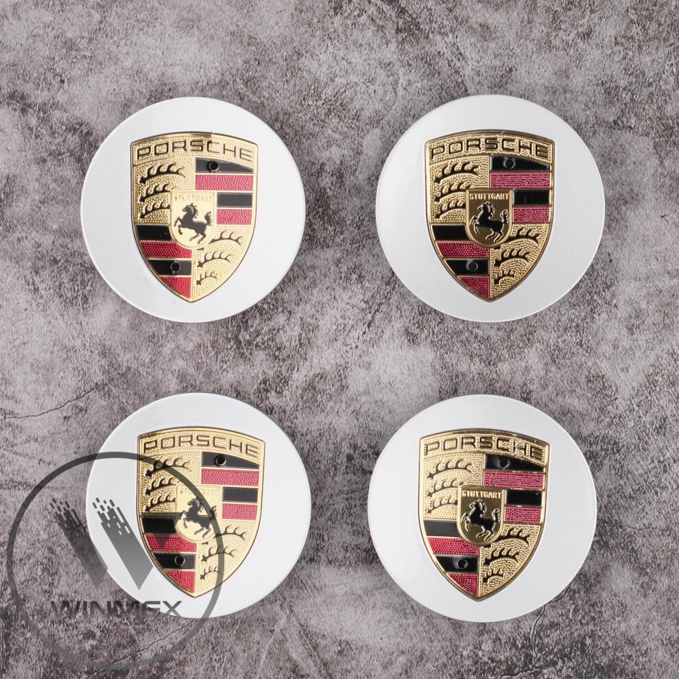 Set of 4 Silver Gold Porsche Logo Centre Alloy Wheel Caps 75mm