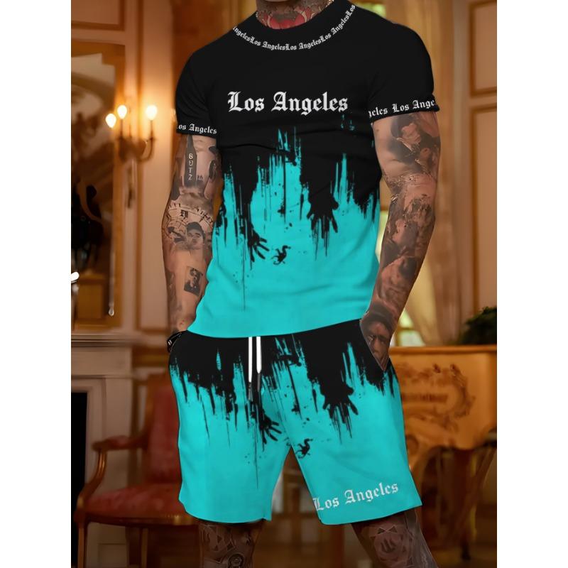 Trendy men s suit short-sleeved T-shirt + casual shorts two-piece summer slim and fashionable men s two-piece set S
