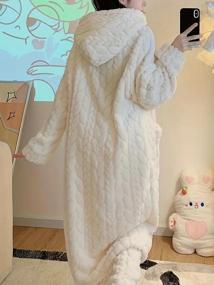 Útulný župan s kapucí z korálového fleecu pro ženy - Dlouhé, hřejivé a měkké domácí šaty s kapsami, pratelné v pračce - Ideální na podzim/zimu