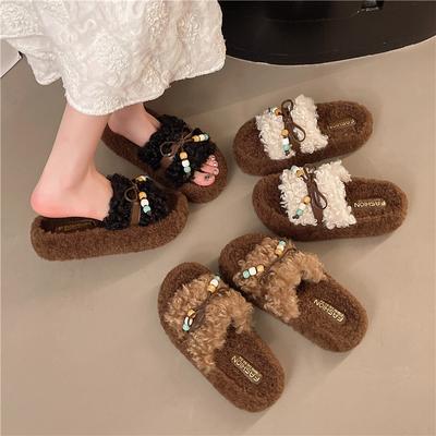 Korean Thick-soled Fluffy Slippers for Women To Wear 2025 New Autumn and Winter Soft-soled Color-matching Cotton Slippers