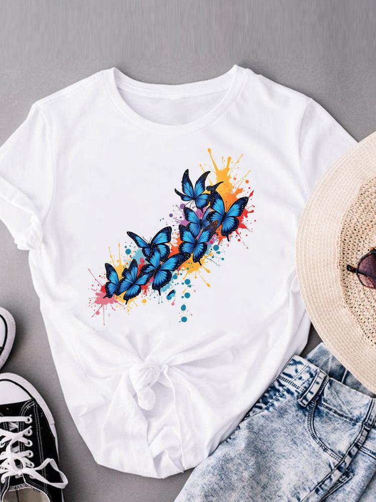 (Asian Size) Watercolor Butterfly Trend Print Casual Top O-neck Short Sleeve T-shirts T Graphic Tee Fashion Female Women's Clothing