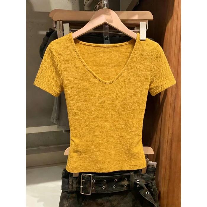 

Yellow V-neck front shoulder short-sleeved T-shirt women s summer design sense niche slim and thin short S жёлтый