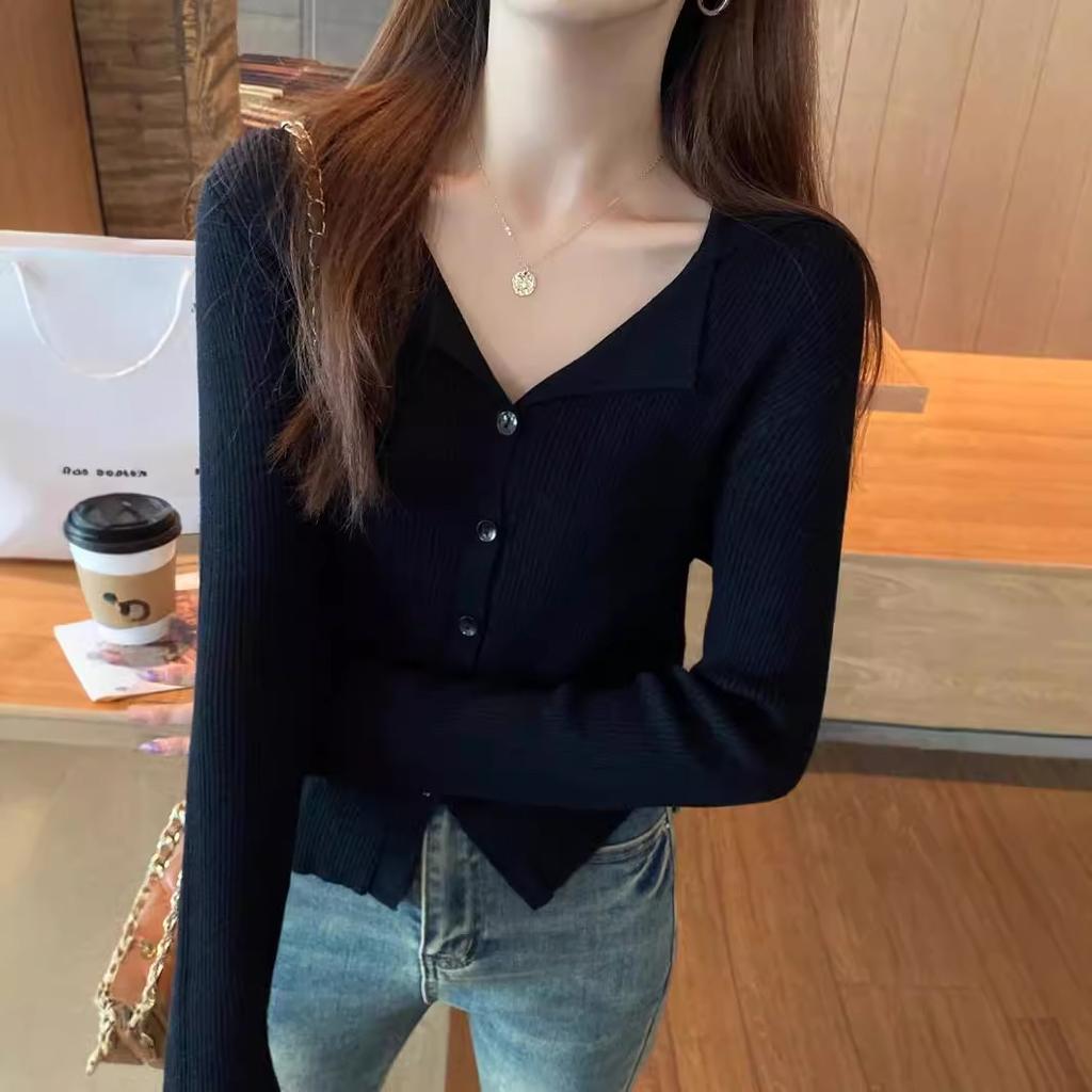 French Polo Lapel Knitted Bottoming Shirt Women's Autumn and Winter Thin Outer Cardigan Top Slim Fit Long-sleeved Sweater