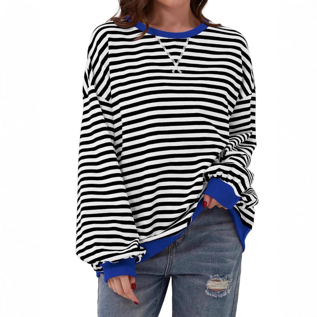 2026 Spring Striped Floral Round Neck Long Sleeve Color Block Hoodie