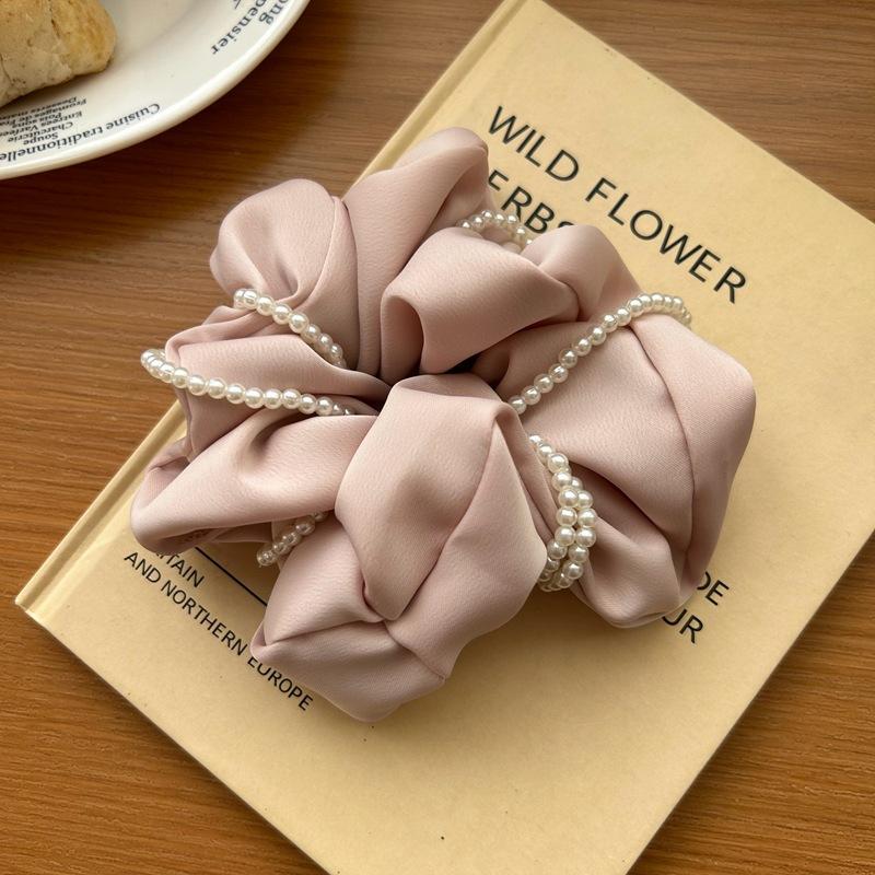 Sweet Pearl Satin Scrunchie For Women Black Silk Hair Bands Girls Big Elastic Hair Tie Ponytail Holder Hair Rope Headdress