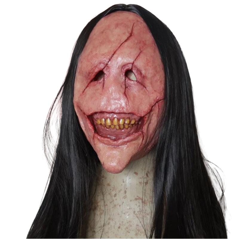 Long-haired Red-faced Witch Halloween Horror Female Ghost Latex Mask Escape Room Costume Headgear