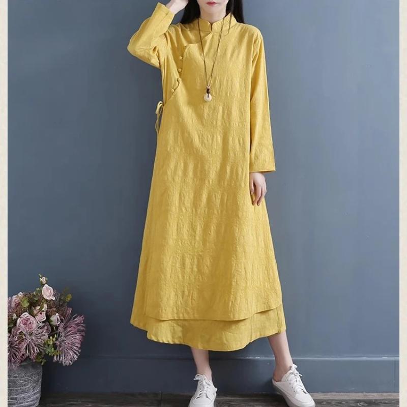 

Improved Mandarin Collar Cotton-Linen Dress, Spring Autumn Double-Layer Zen Tea Wear, Artistic Retro Women s Clothing XS жовтий