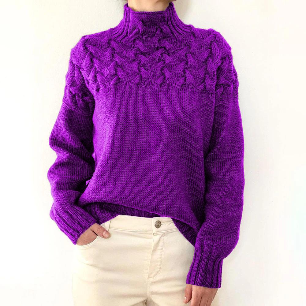 Damen Pullover mit Zopfmuster, hohem Kragen und langen Ärmeln