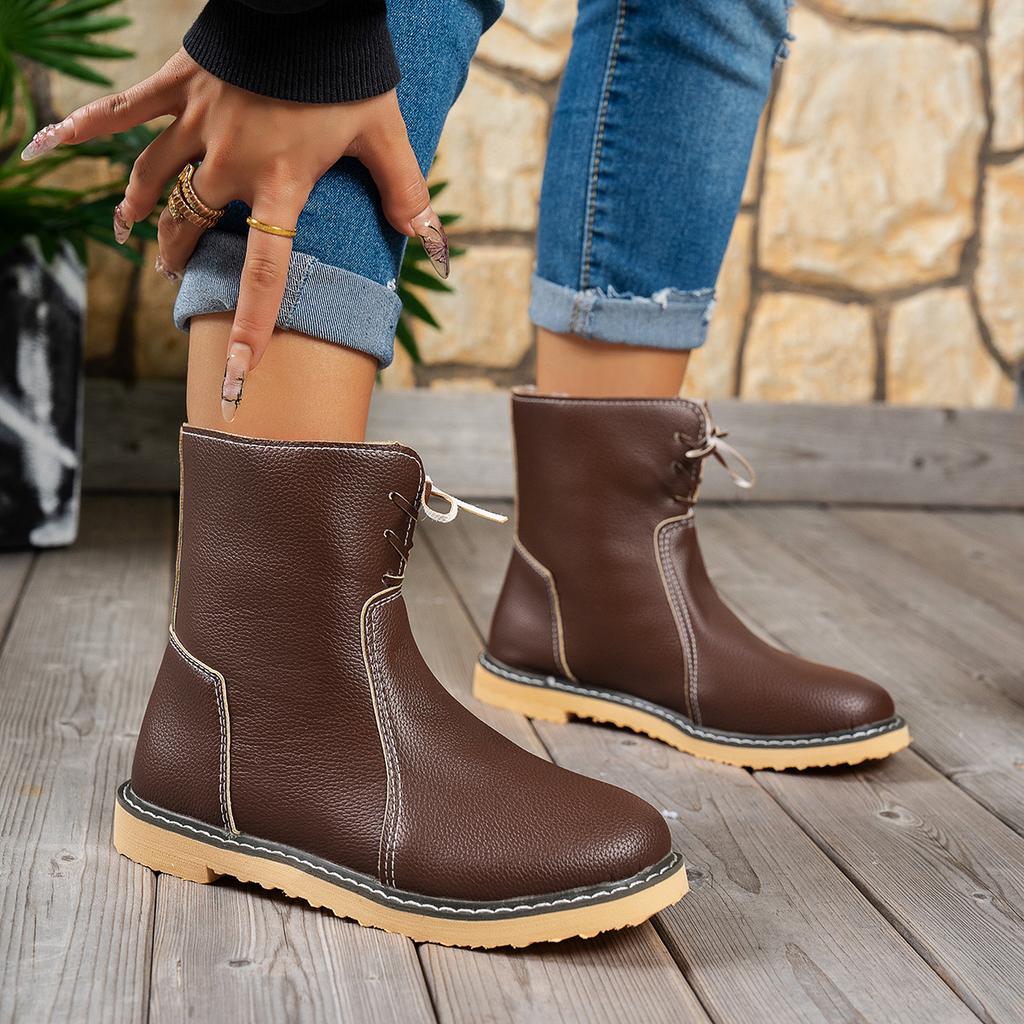 Shoes for Women Plus Size 36-43 Ankle Boots PU Leather Casual Lace Up Plush Warm Snow Boots Solid Color Platform Botas De Mujer