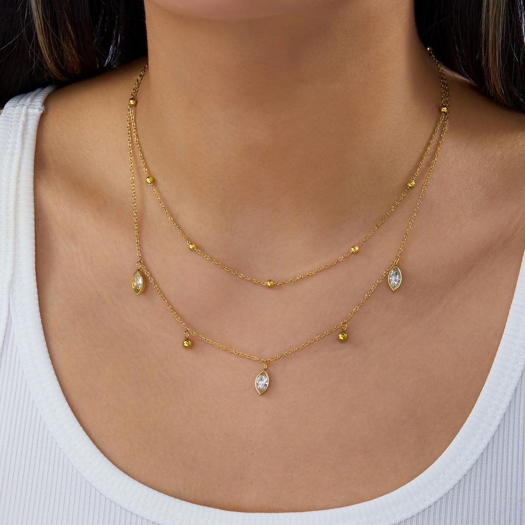 Double-Layer Marquise Zircon Beaded Chain Necklace for Women 316L Stainless Steel Gold Color Layered Pendant Collarbone Jewelry