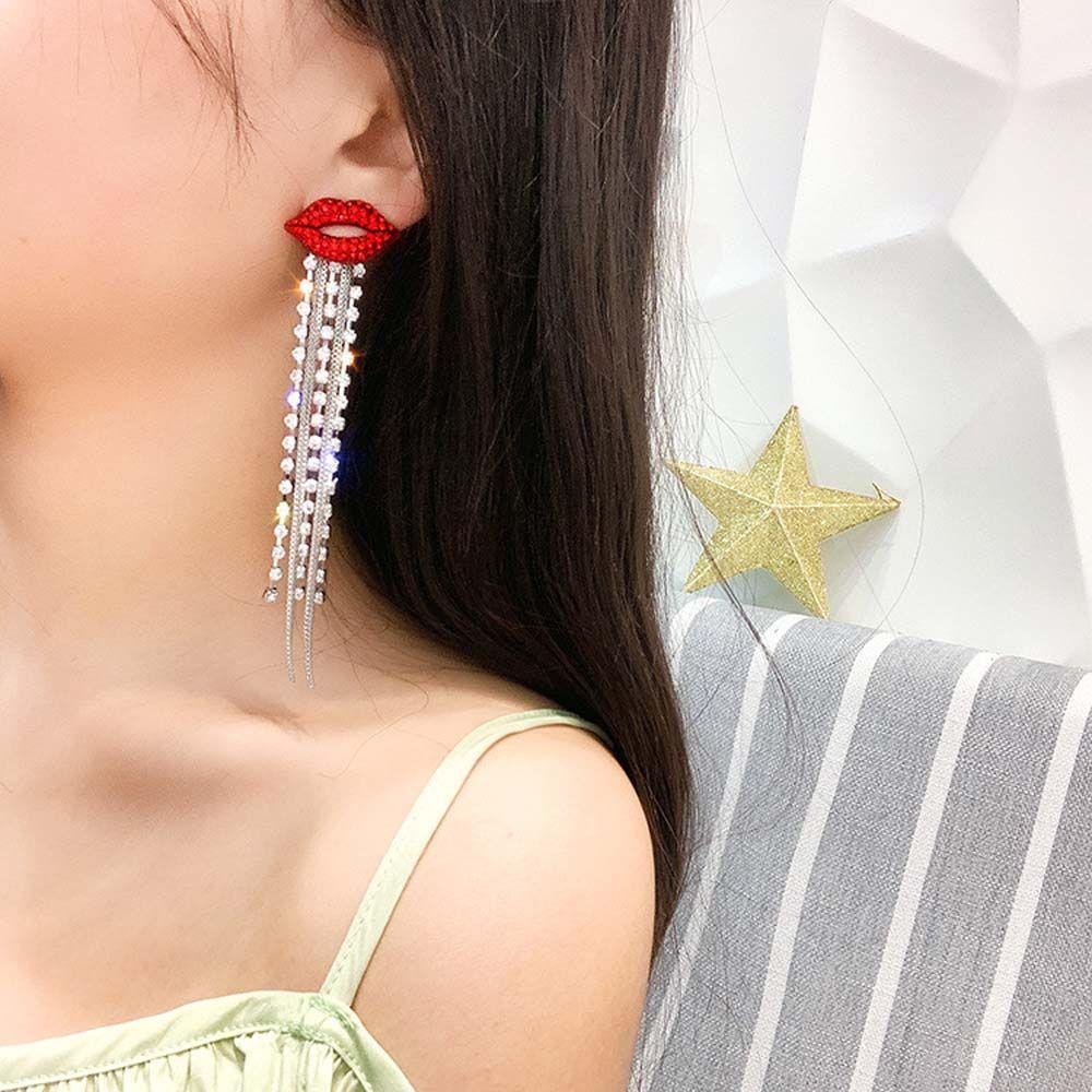 Mouth Crystal Gift For Women Red Lips Tassel Stud Earrings Drop Earrings Jewelry Dangle Earring