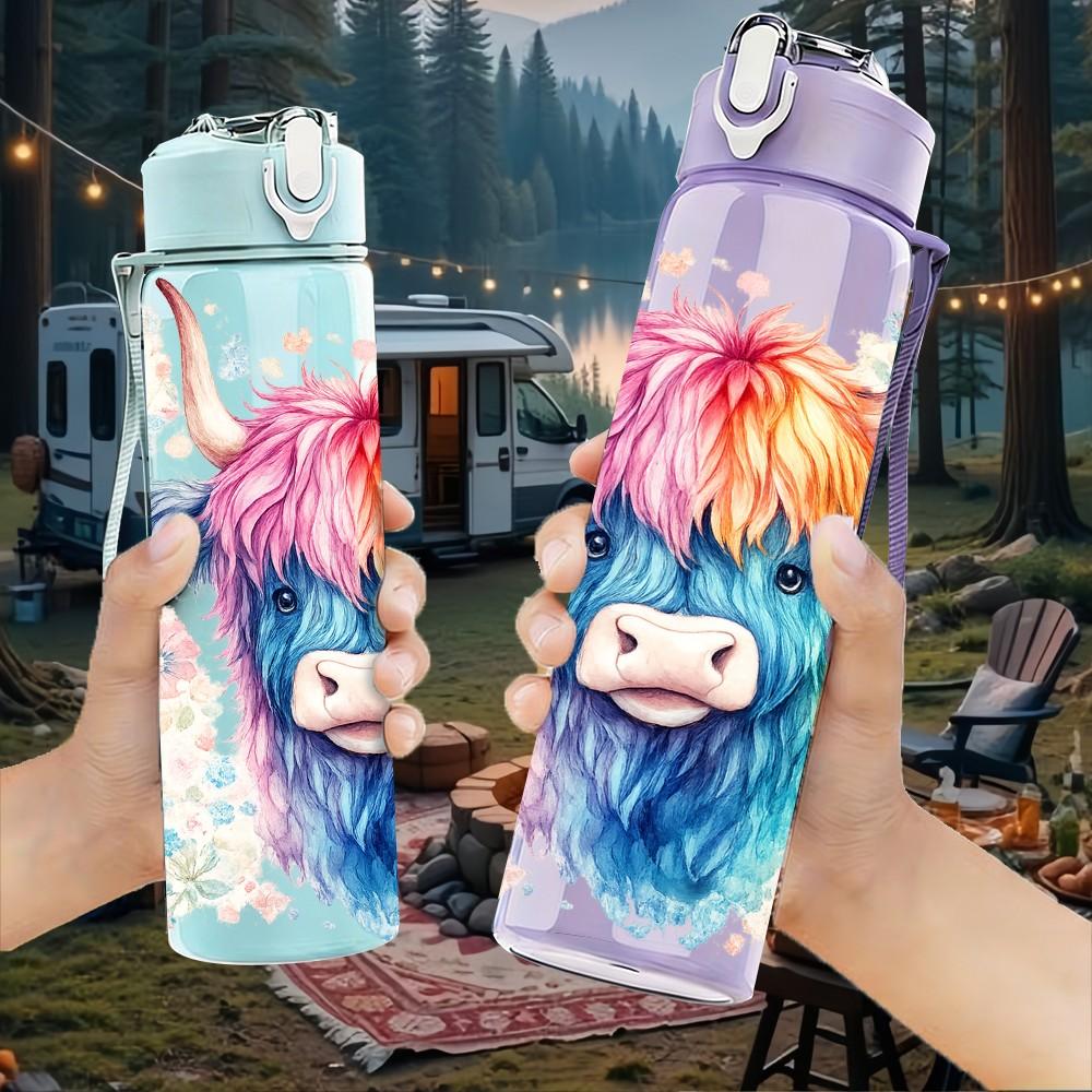 1PC Highland Cow Color Splash Art Print 750ml Color Plastic Sports Water Bottle Leakproof Flip Straw Lid Suitable for Sports Office Home Use