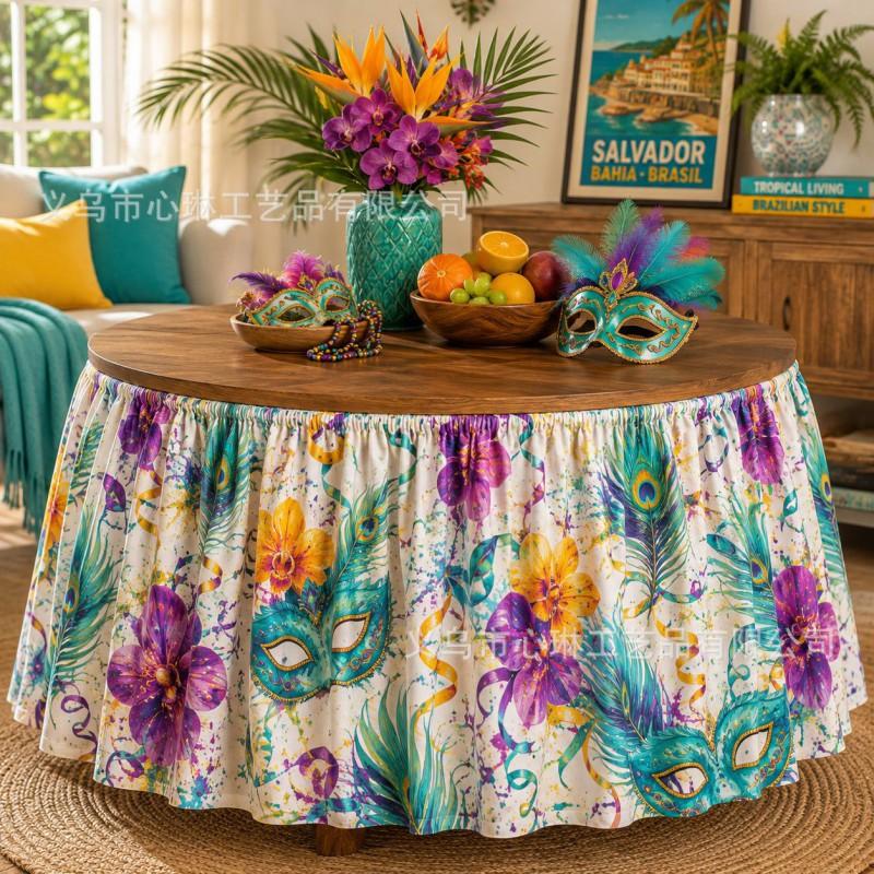 Tropical Plant Print Round Tablecloth Carnival Party Decor Festive Table Skirt In Geometric Abstract Design