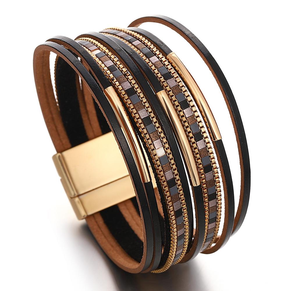 Square Leather Bracelet for Women Boho Tube Multilayer Wrap Wide Bangle Party Jewelry Accessory