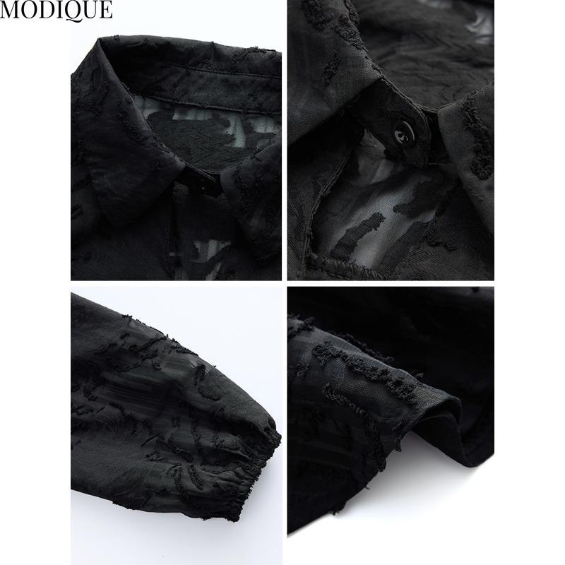 MODIQUE Vår Sommer Pluss Størrelse Ny Dame Løs Vintage Chiffon Prikket Trykk Bluse Skjorter Kvinnelig Casual Oversize Langermet V-Hals Topp Svart