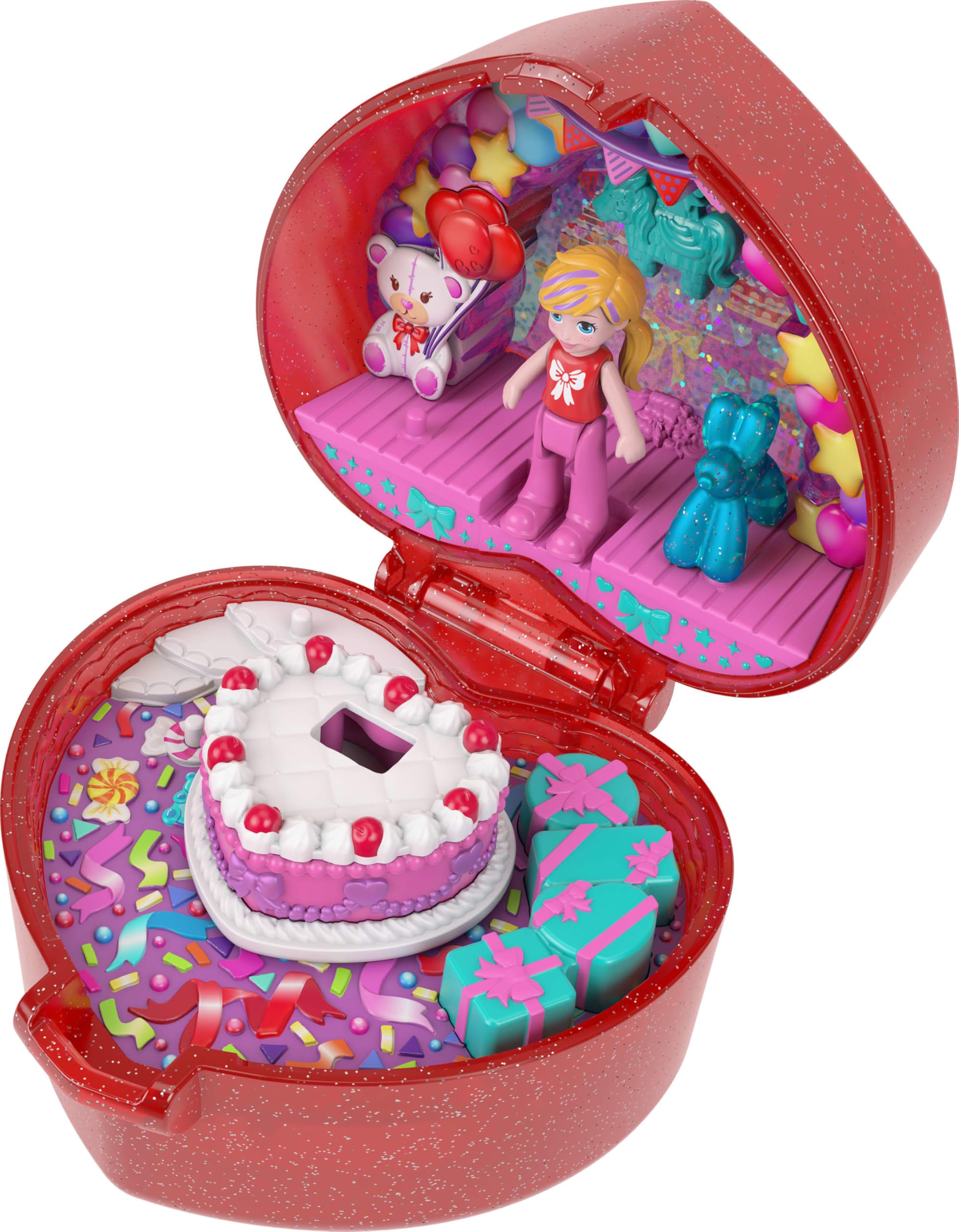 

Polly Pocket Mattel 80th Anniversary Compact Playset, Jewelry Box with Dolls, Balloon Pets, Wearable Rings, Celebration Theme Ring Box