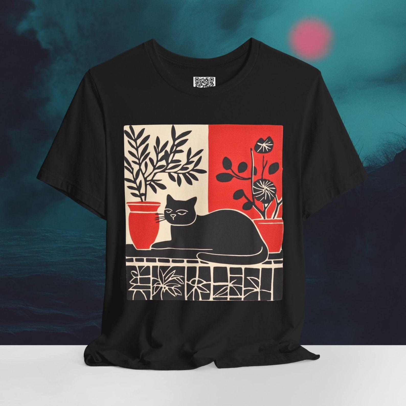 Vintage Japanese Cat Shirt - Wabi-Sabi Ukiyo-e Black Cat Tee M