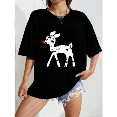 Weißes T-Shirt mit Rentierdruck für Freizeitkleidung