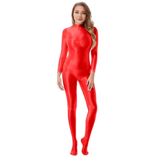 Lady Glossy Bodystocking Stretchy Sexy Full Bodysuit Long Sleeve Jumpsuit with Zipper Shiny Smooth Leotard Catsuit for Dance Practice Club Pole Dance