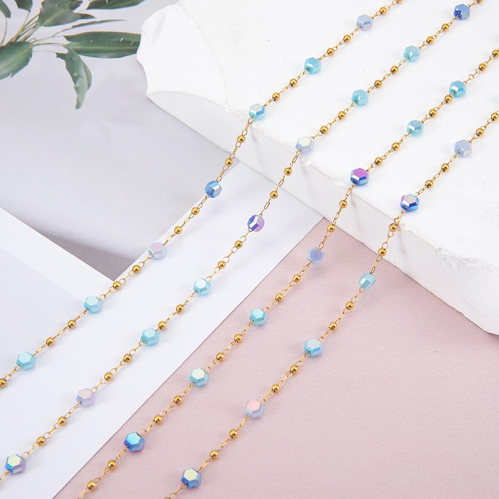 1meter Crystal Bead Stainless Steel Chain Blue Natural Stone Beaded Sweater Chain Supplies Necklace Bracelet Jewelry Making DIY
