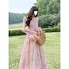 Fresh peach pollen temperament tea break dress lace dress French floral vacation pink spring and autumn dress