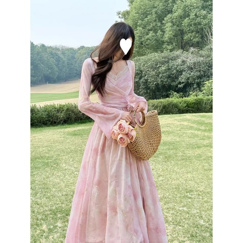 Fresh peach pollen temperament tea break dress lace dress French floral vacation pink spring and autumn dress