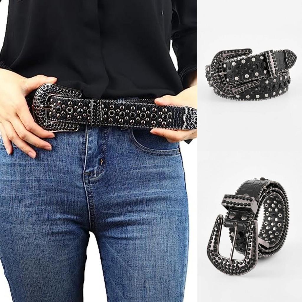 Punk Style Lychee Pattern Belt with Rhinestone-Inlaid Pin Buckle for Women