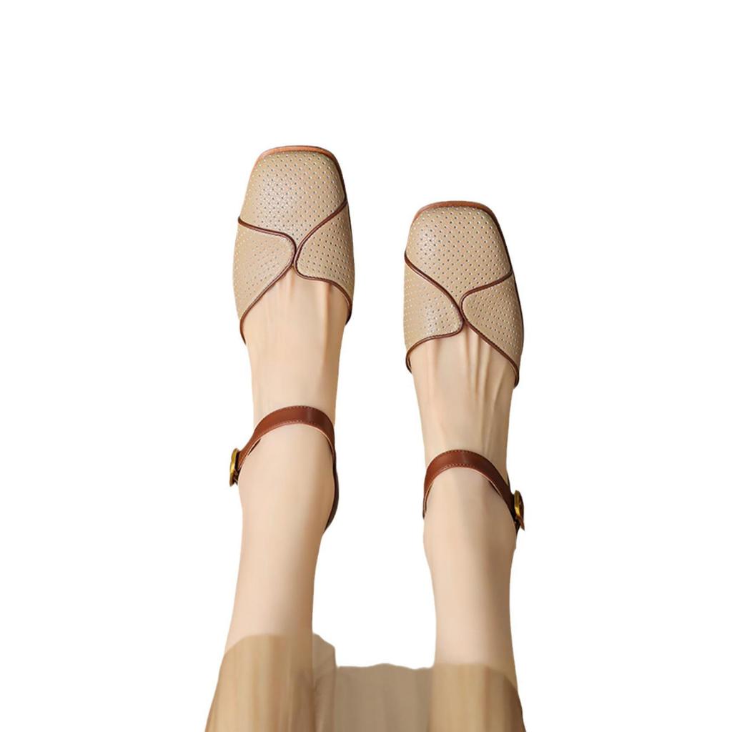 Mode Été Nouveau Sandales à Bout Carré Découpées à Nœud Talon Moyen Chunky Respirantes Talons Hauts