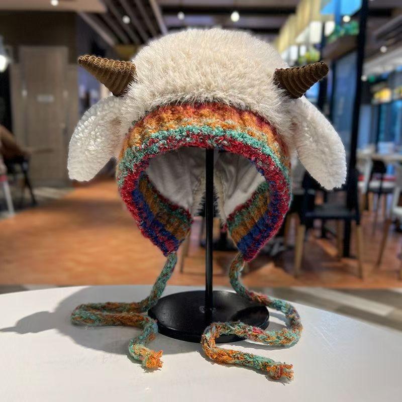 Cute lamb warm hat women's autumn and winter cold-proof plush knitted ear hat outdoor pullover hat