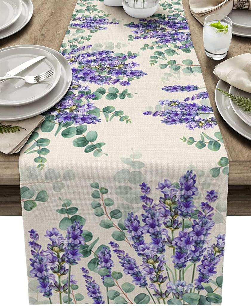 Eucalyptus Leaves Purple Lavender Flowers Linen Table Runners Party Decor Kitchen Dining Table Runners Wedding Decorations