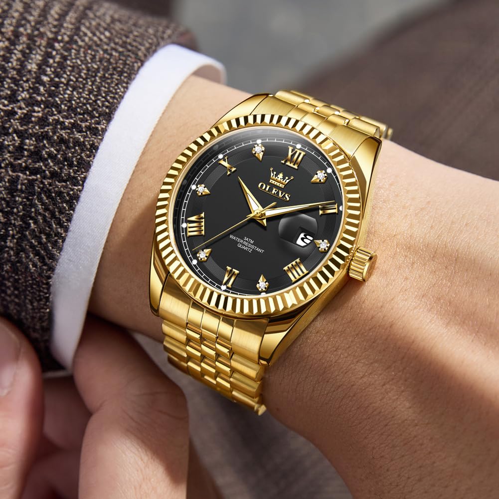OLEVS Quartz Watch for Date Stainless Business Watch for Gold Black Men, Waterproof, Display, Luminous, Steel, Popular, Stylish, Fashionable, Men, &