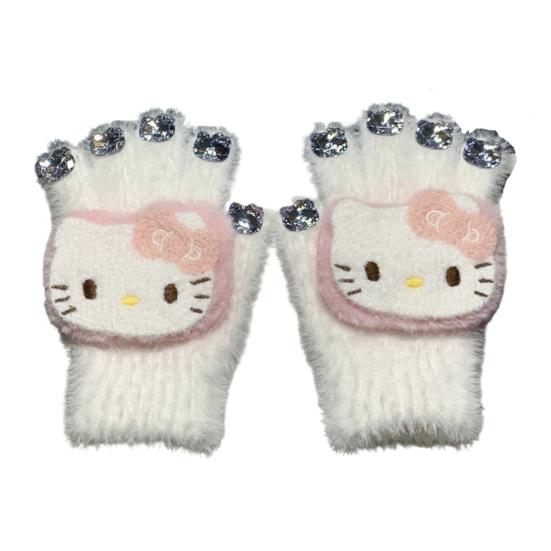 

Girls Cartoon Kitty Gloves Cute Plush Cat Gloves Fuzzy Warm Gloves with Cat Head Rhinestones for Women Winter Daily Errands белый