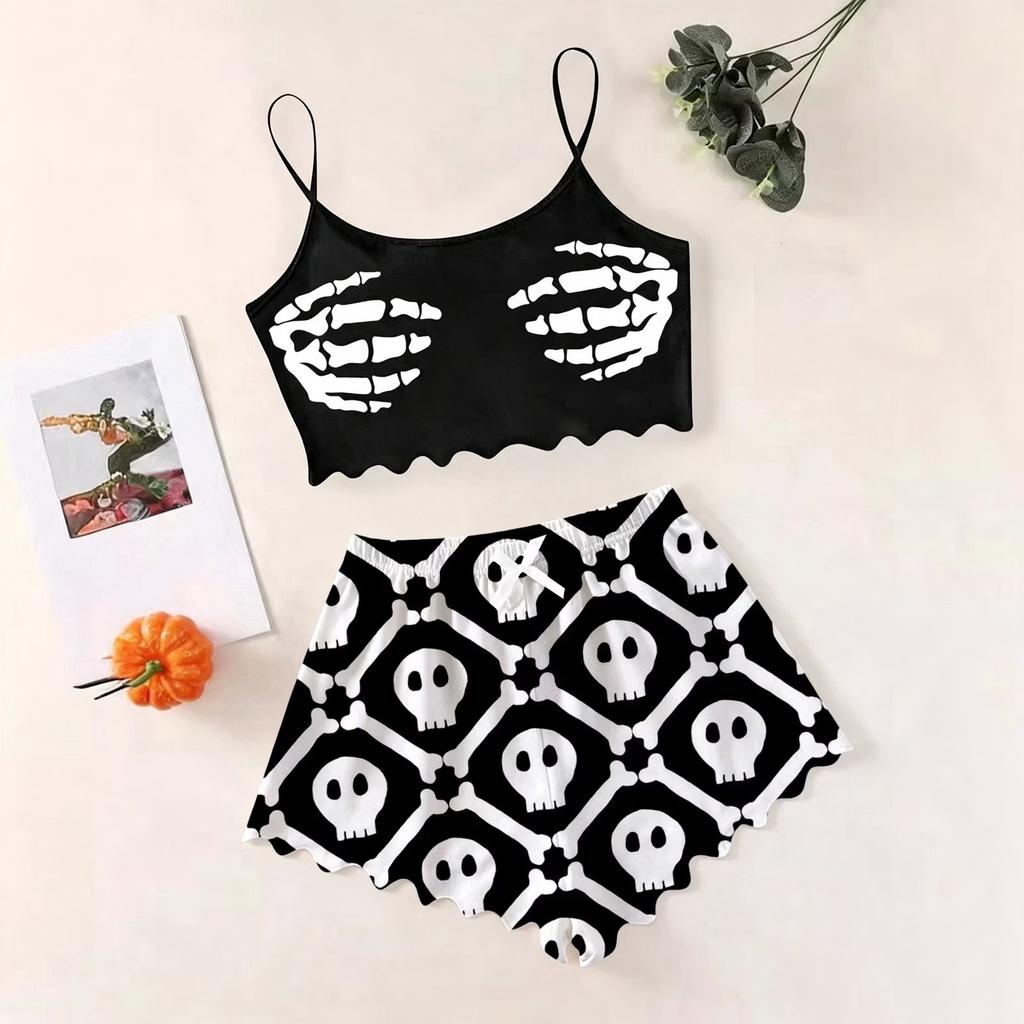 Women's Halloween Pajama Set with Vintage Floral Print Sleeveless Cami Top and Shorts Sleepwear