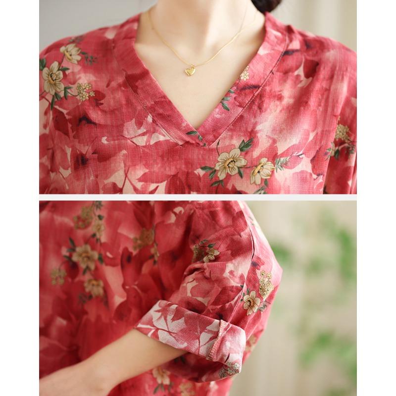 Dimanaf 2025 Women Plus Size Spring Long Basic Dress V-Neck Casual Vintage Dress Loose Floral Dress Maxi