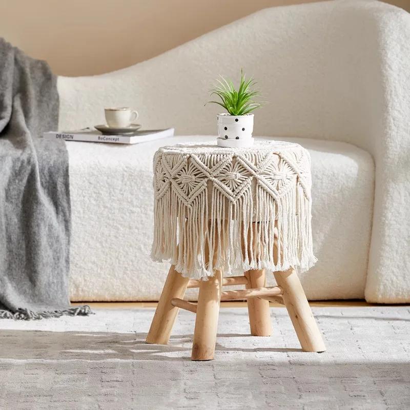 Solid Wood Nordic Makeup Stool Vintage Dressing Stool Woven Fringe Round Seat Upholstered Stool for Guesthouses