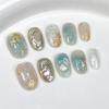 Short Oval Press-On Nails With Embossed Gold Foil Design Handmade Wearable Nail Tips Daily Use Minimalist Chic Style